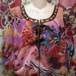 JUS ORANGE Bright Multicolor Blousey Top w/Jeweled Neckline! M/L